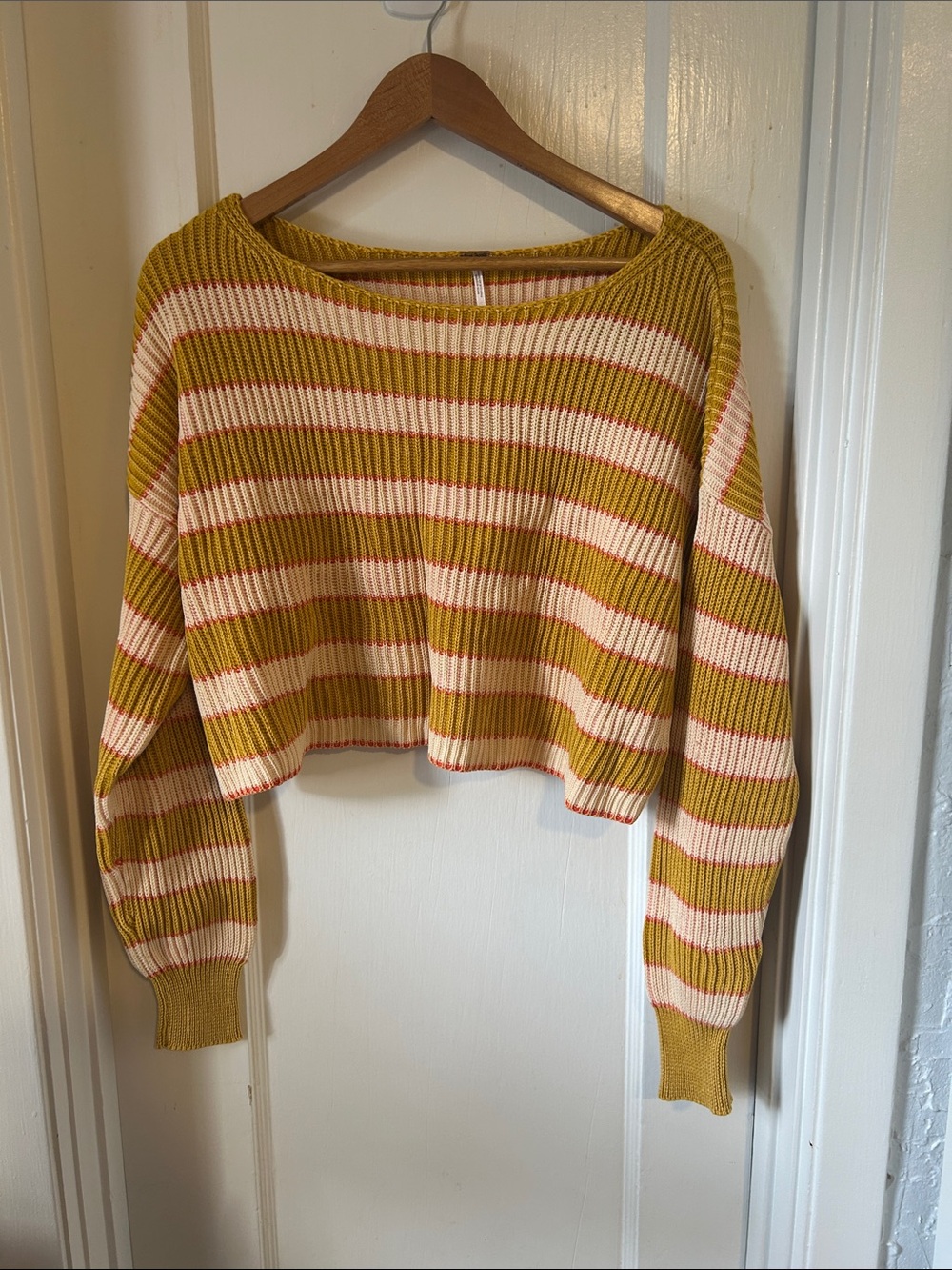 Free People Cropped Striped Cotton Sweater in Mustard & Cream